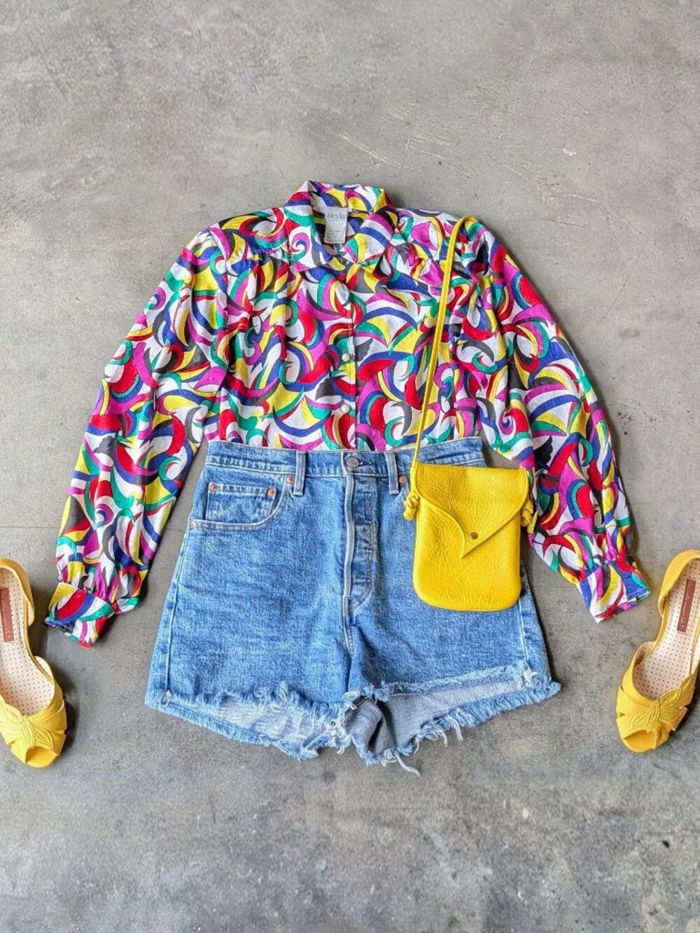 Vintage 80s Colorful Abstract Satin Pearl Button Front Blouse size 8